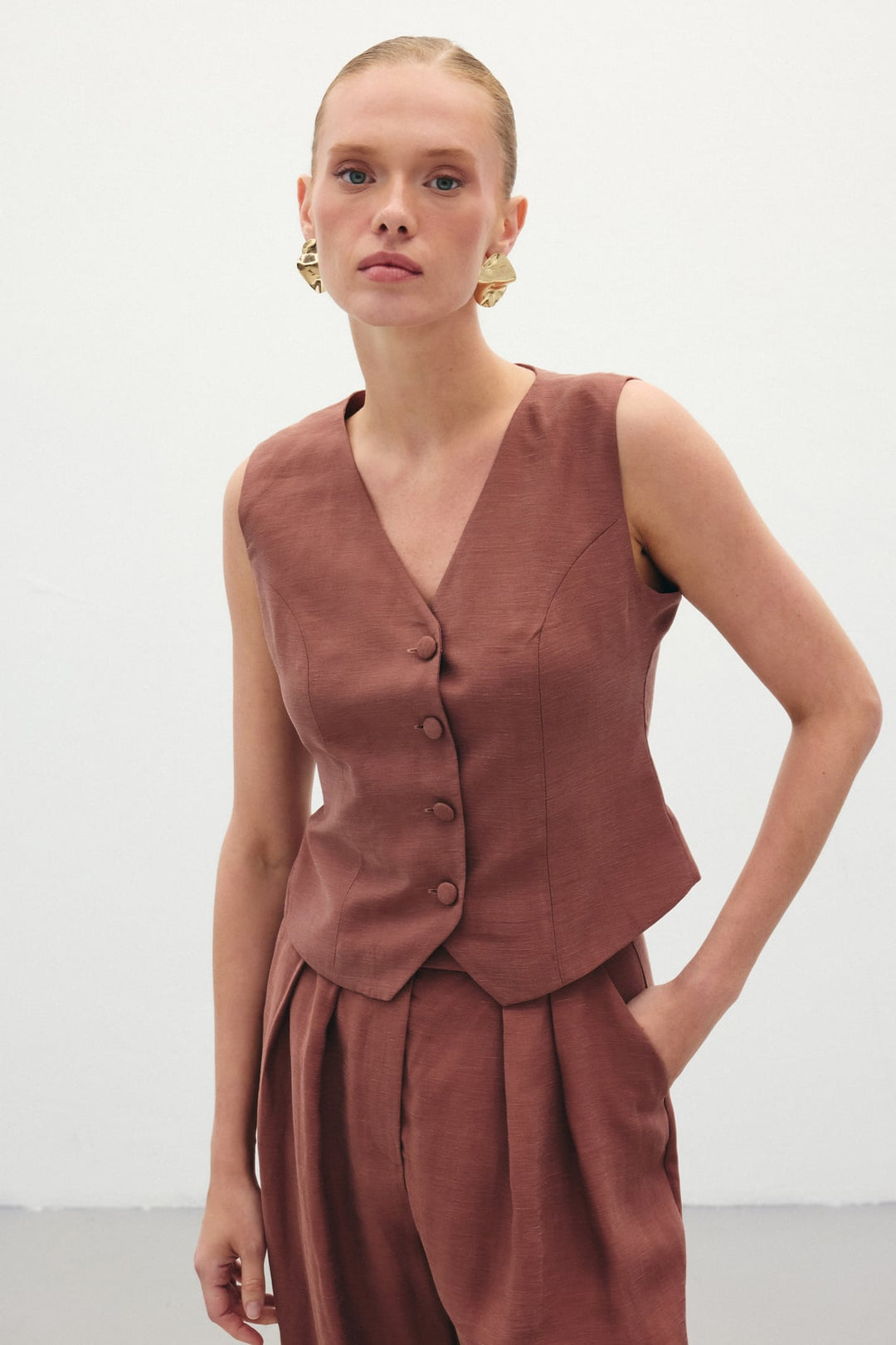 Sateen Gilet en lin - Marron