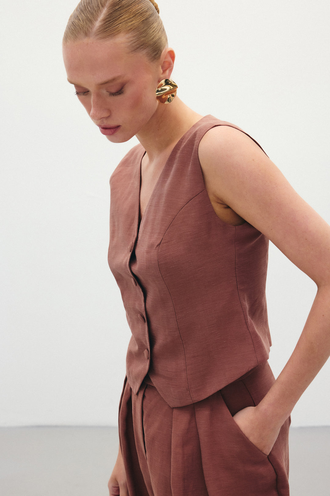 Sateen Gilet en lin - Marron