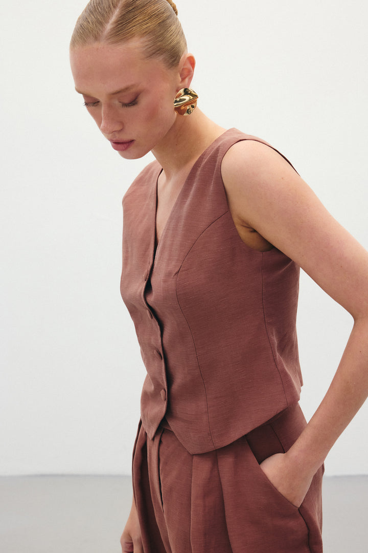 Sateen Gilet en lin - Marron