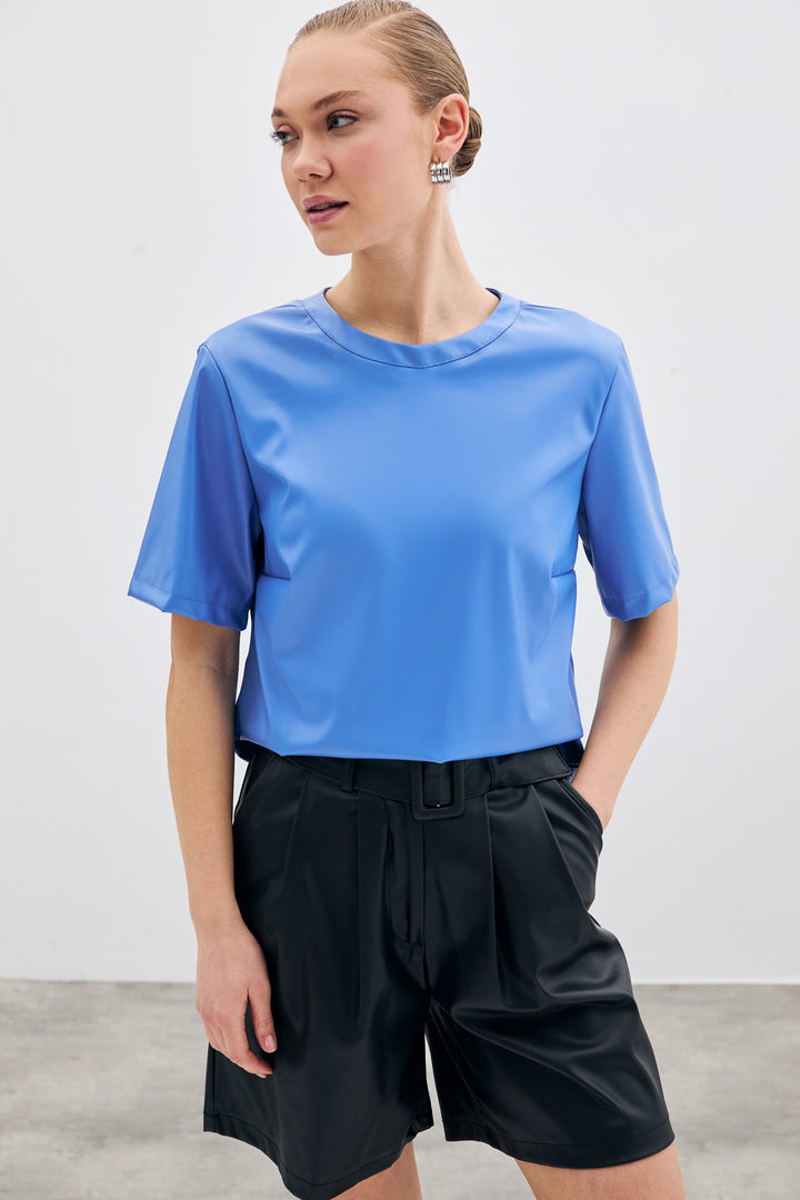 Sateen Blouse en Cuir à Manches Courtes - Bleu
