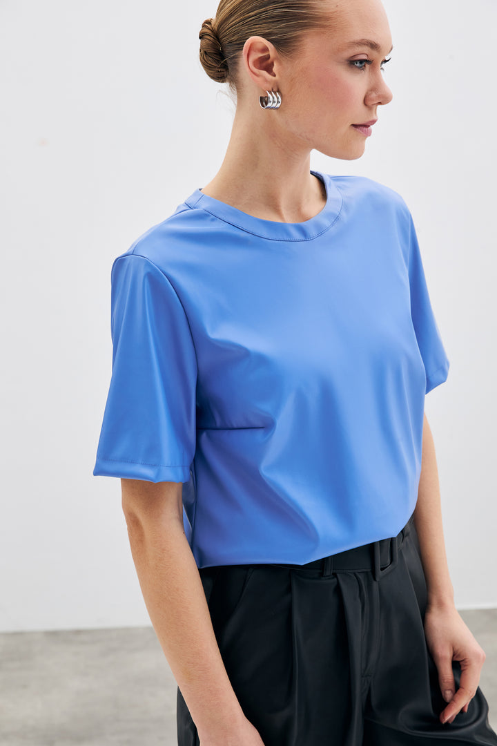 Sateen Blouse en Cuir à Manches Courtes - Bleu