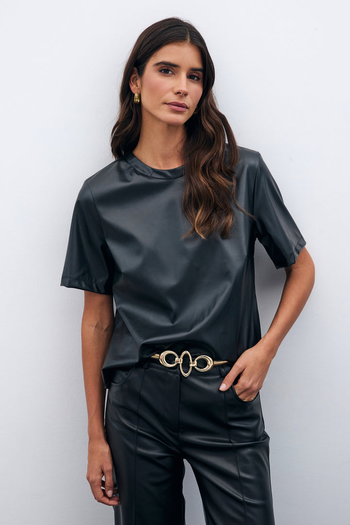 Sateen Blouse en Cuir à Manches Courtes - Noir