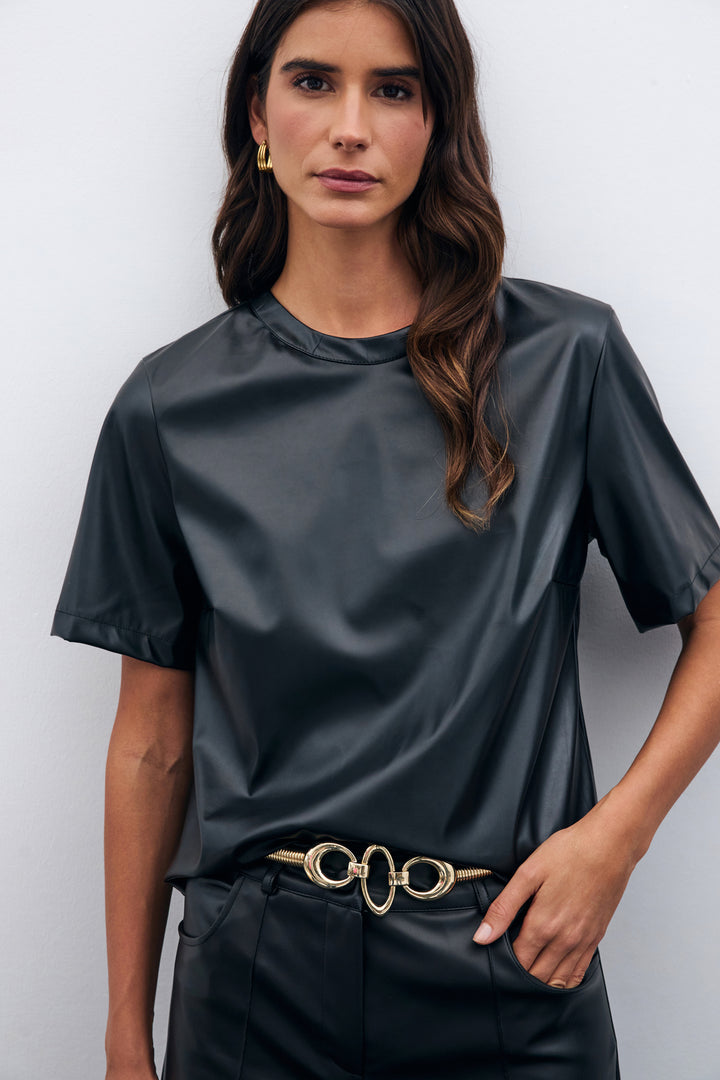 Sateen Blouse en Cuir à Manches Courtes - Noir