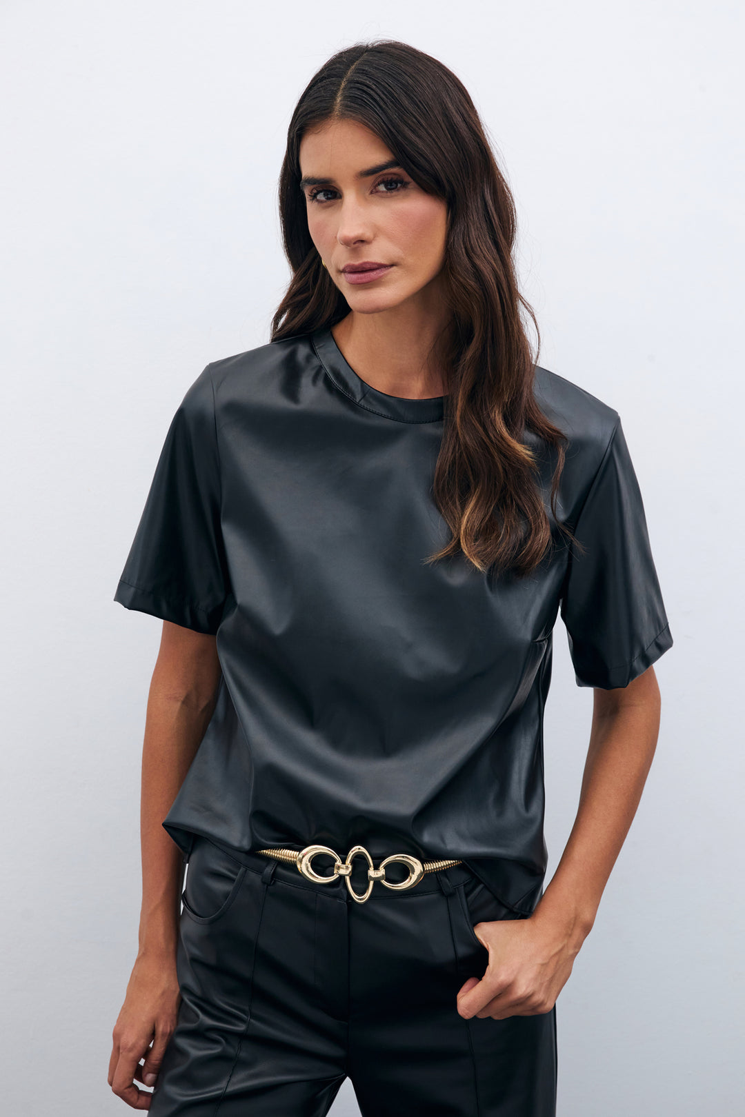 Sateen Blouse en Cuir à Manches Courtes - Noir