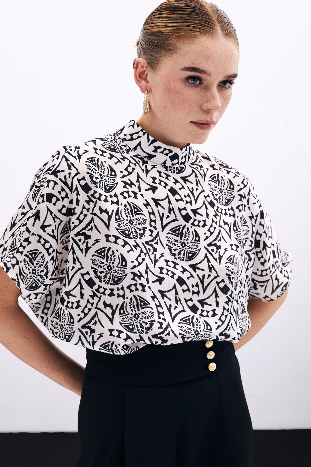 Sateen Blouse à Manches Courtes Imprimée - Écru