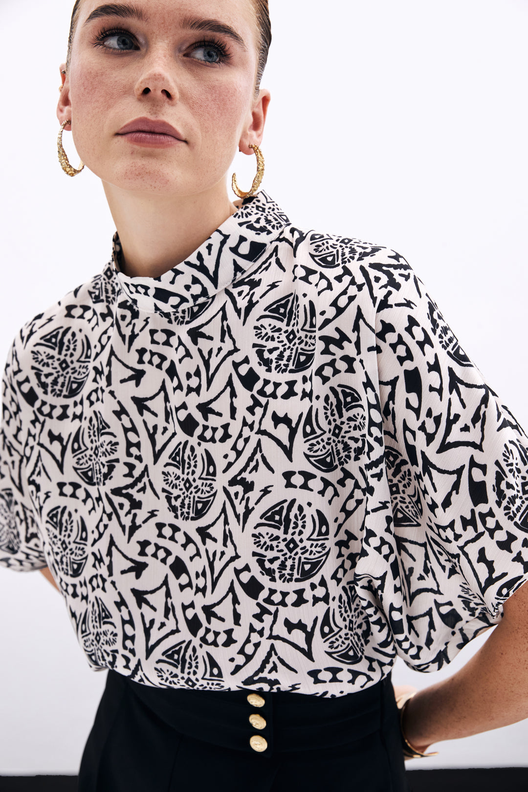 Sateen Blouse à Manches Courtes Imprimée - Écru