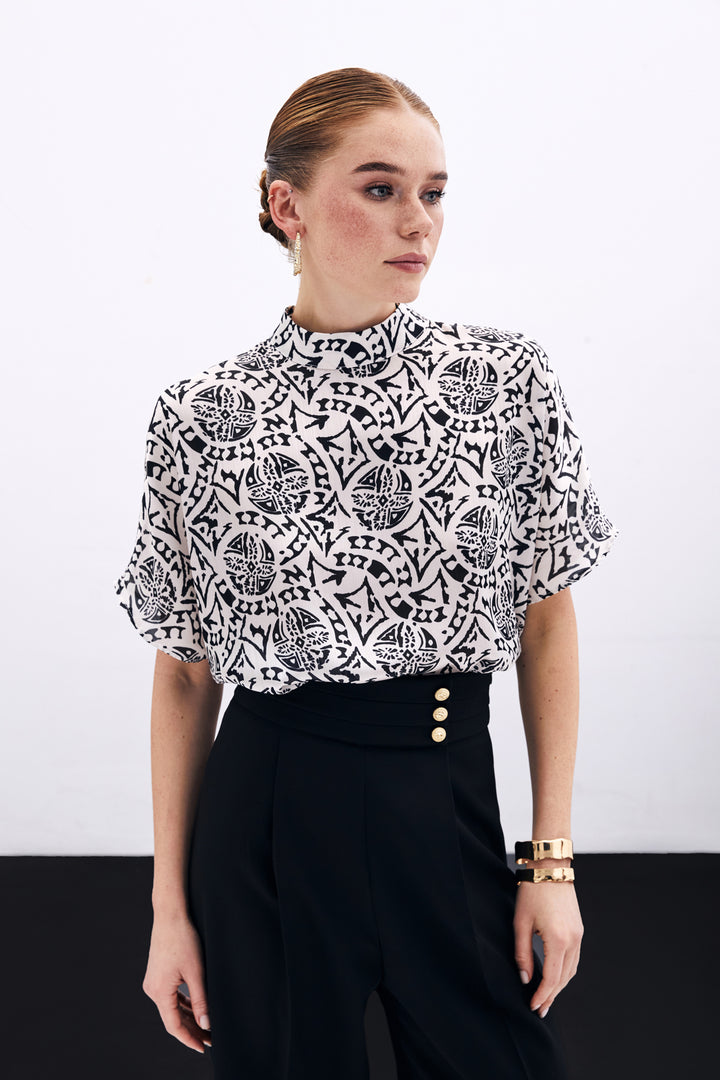 Sateen Blouse à Manches Courtes Imprimée - Écru