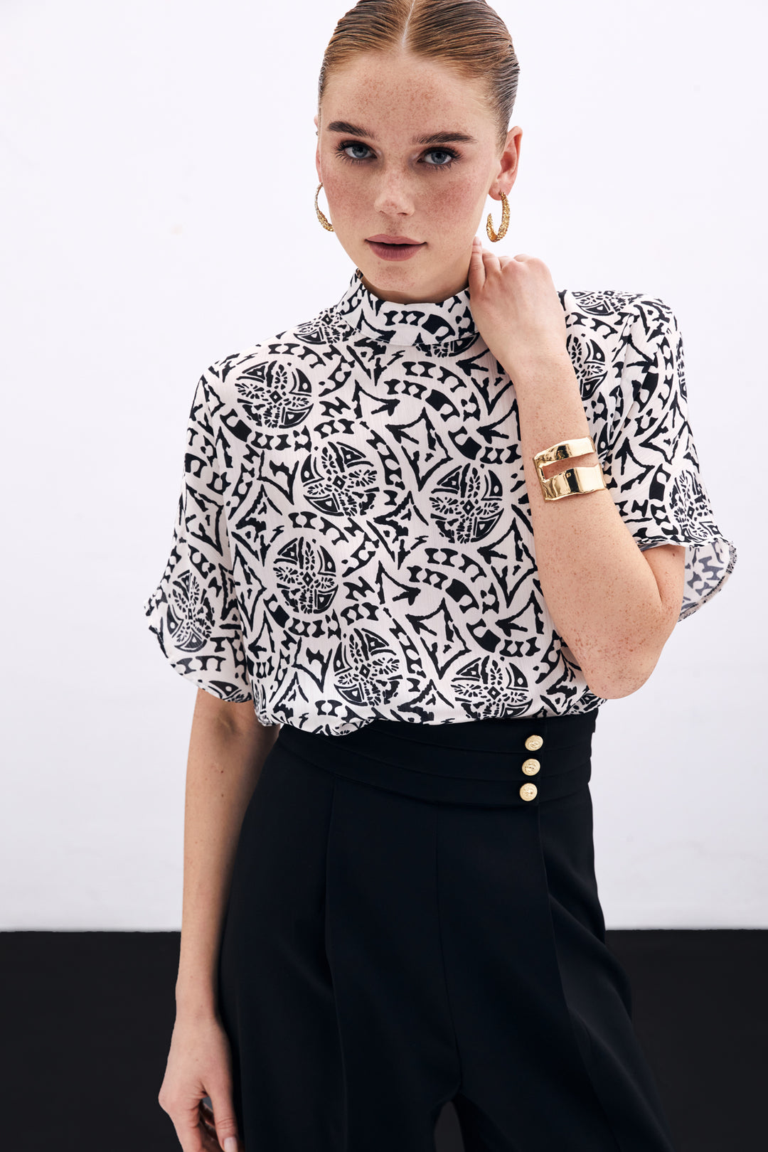Sateen Blouse à Manches Courtes Imprimée - Écru