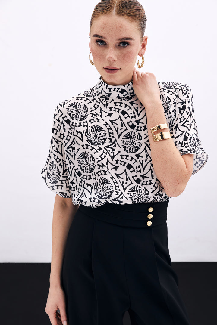 Sateen Blouse à Manches Courtes Imprimée - Écru