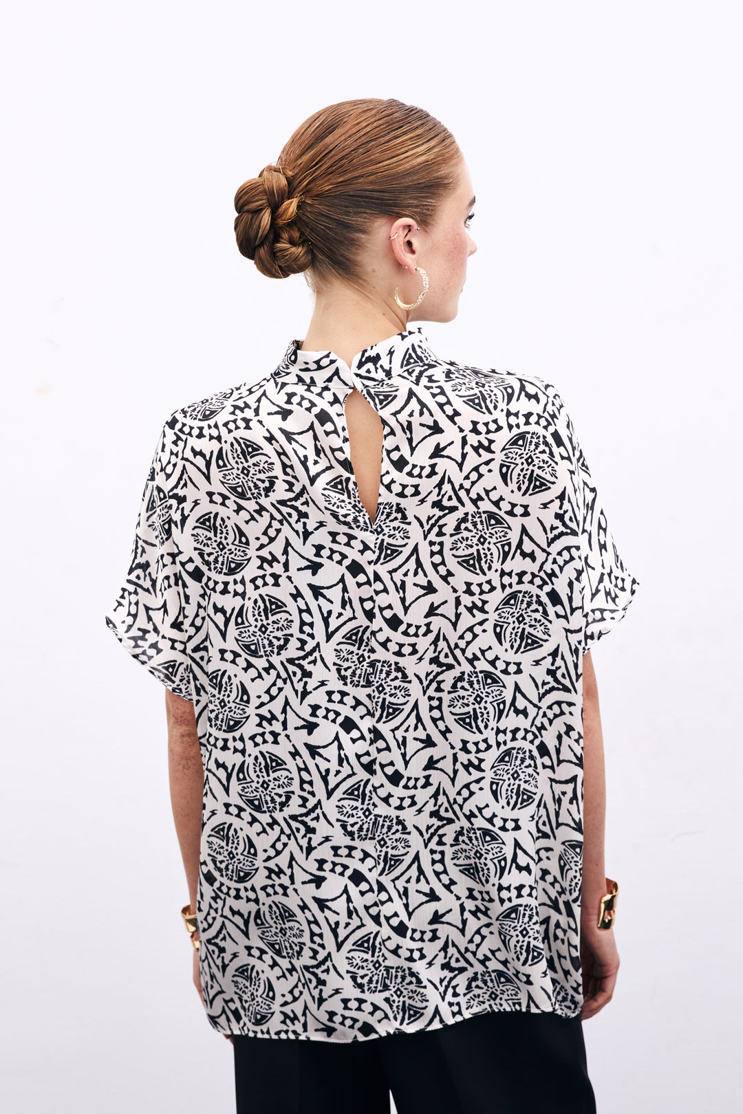 Sateen Blouse à Manches Courtes Imprimée - Écru