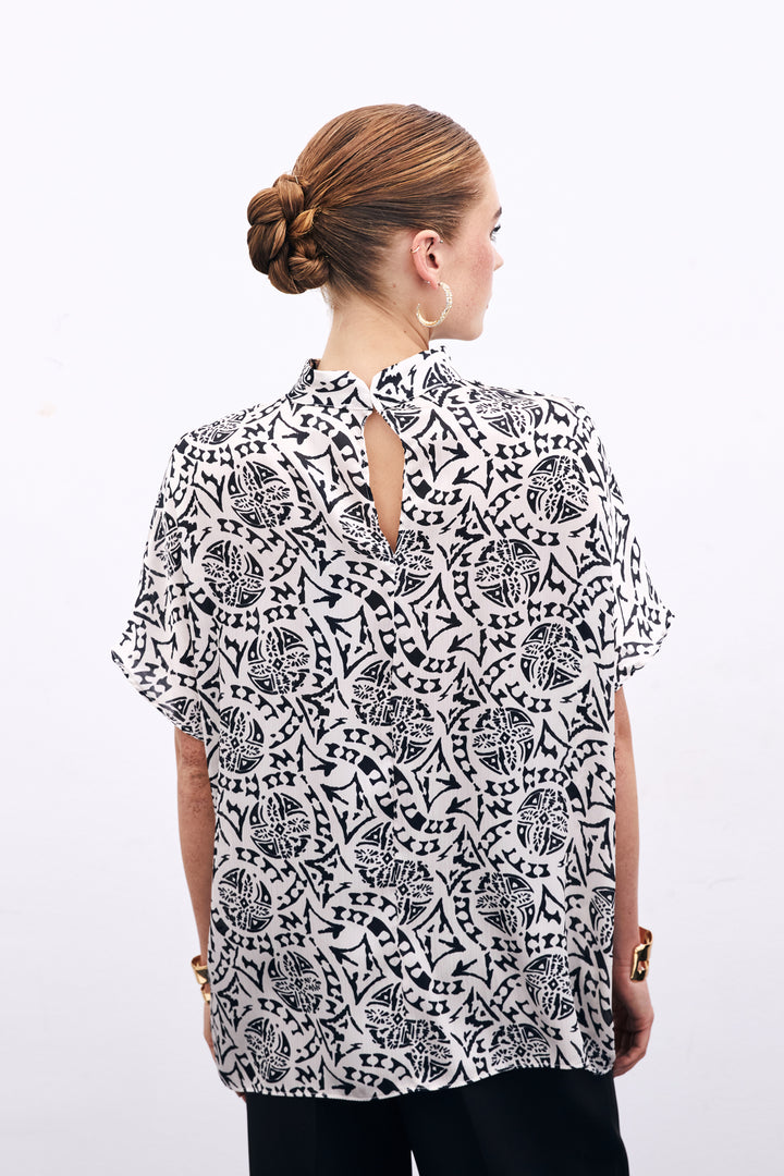 Sateen Blouse à Manches Courtes Imprimée - Écru