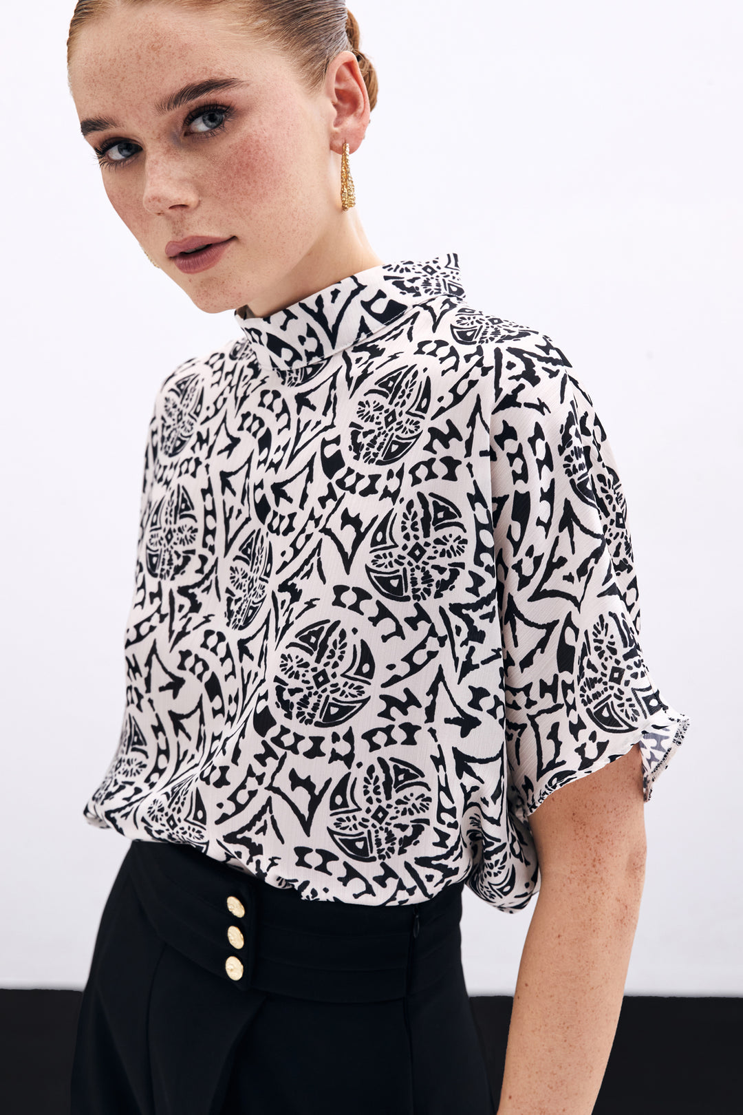 Sateen Blouse à Manches Courtes Imprimée - Écru