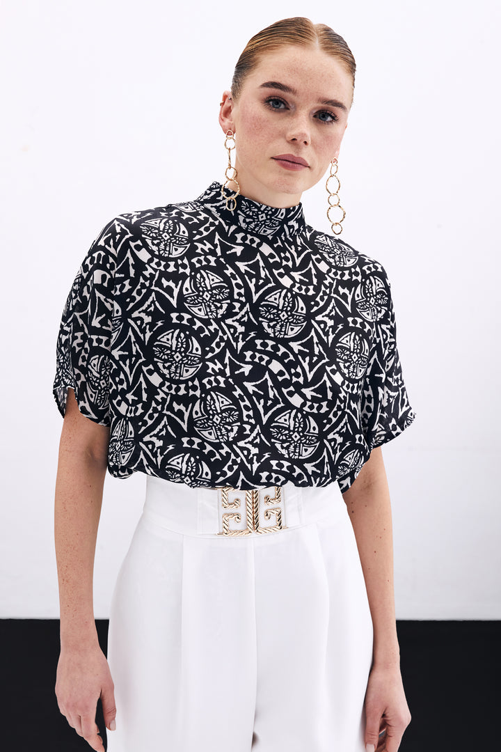 Sateen Blouse à Manches Courtes Imprimée - Noir