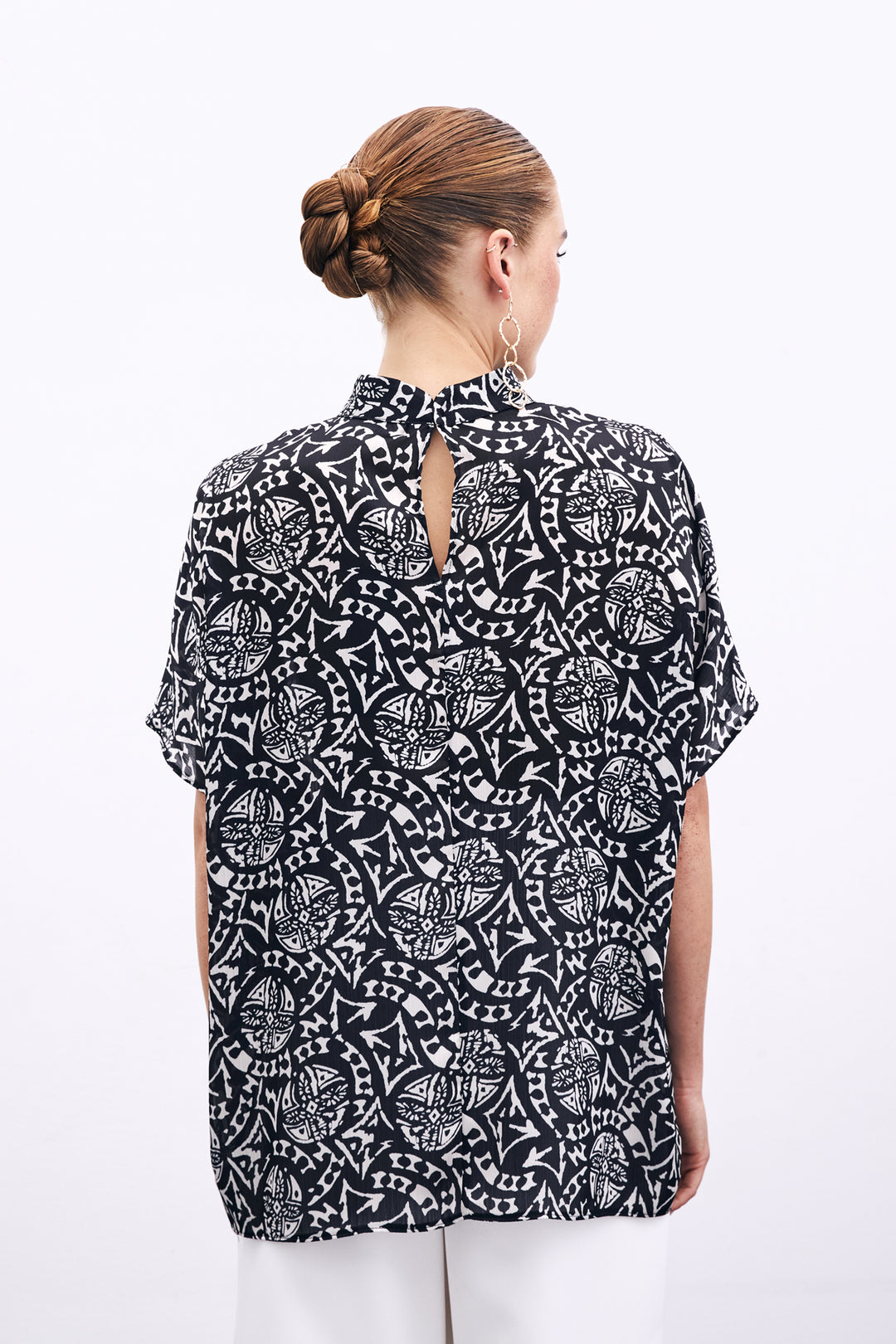 Sateen Blouse à Manches Courtes Imprimée - Noir