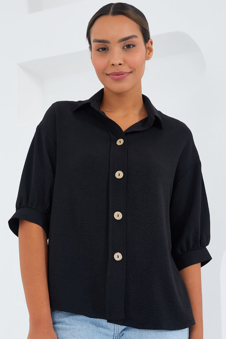 Bigdart Chemise en Lin Oversize à Manches Courtes Noire Femme 20240 - Noir