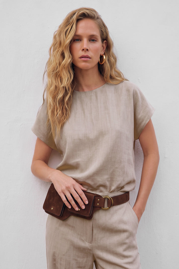 Sateen Blouse à manches courtes - Beige