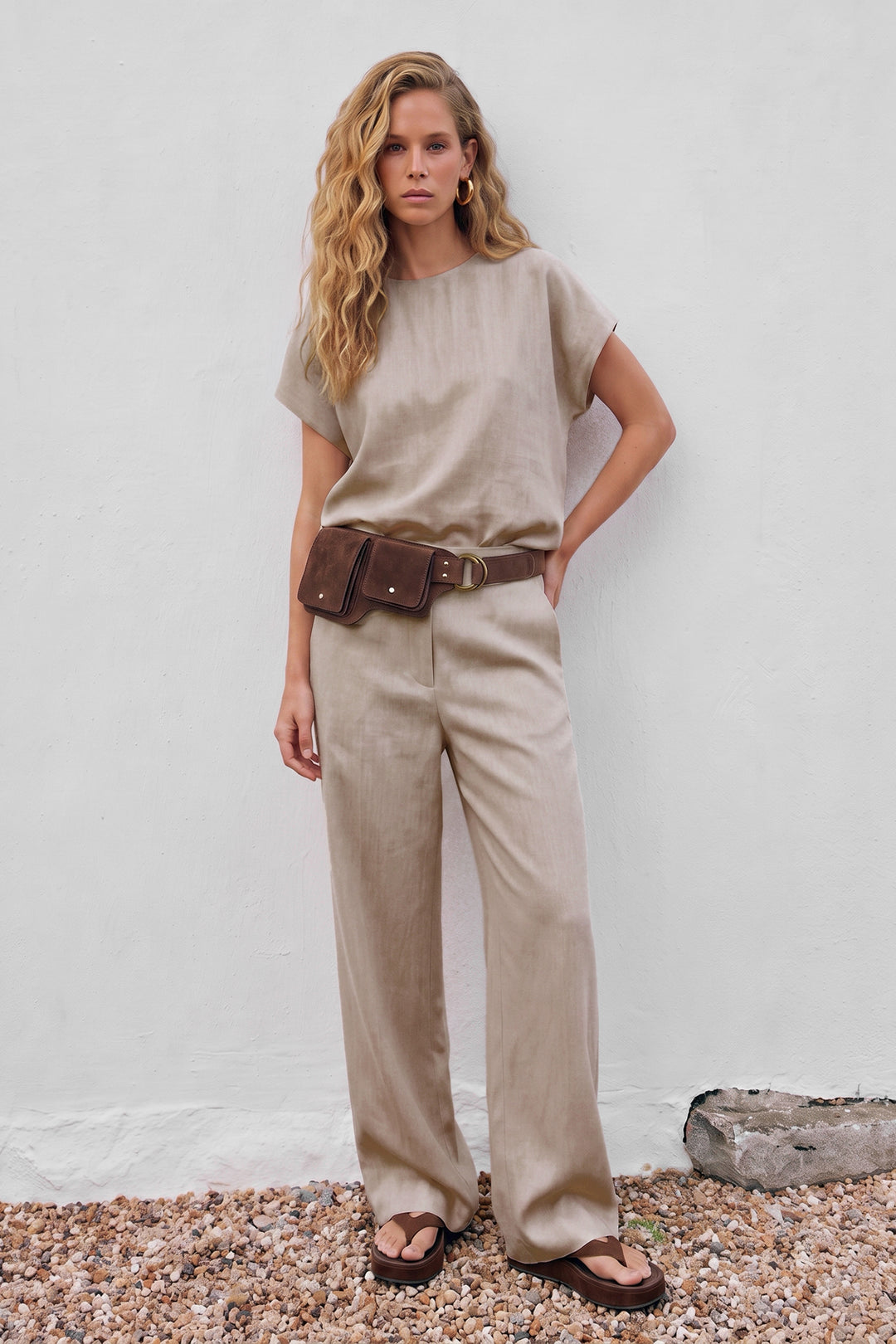 Sateen Blouse à manches courtes - Beige