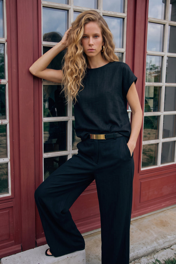 Sateen Blouse à manches courtes - Noir