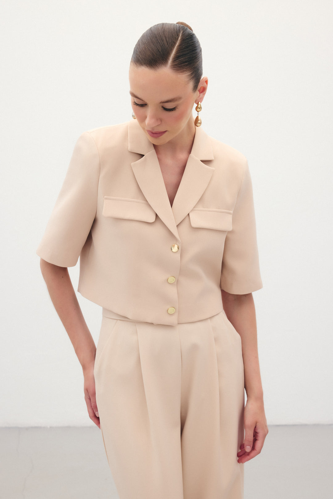 Sateen Veste à Manches Courtes - Beige