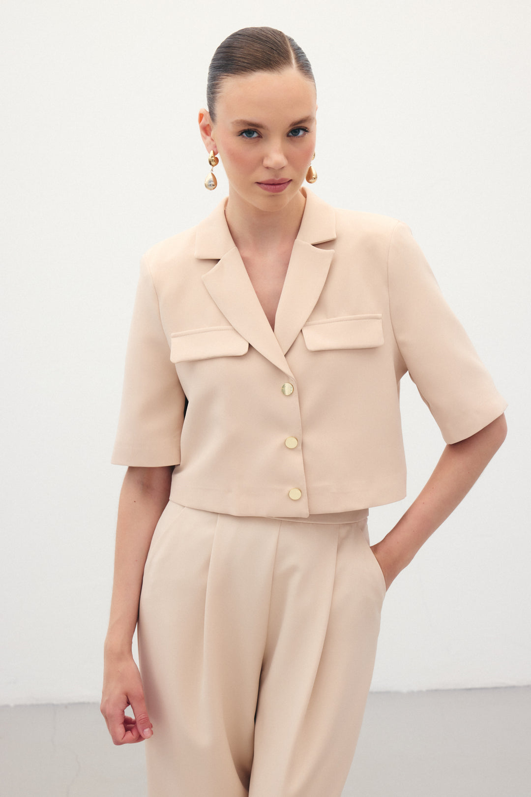 Sateen Veste à Manches Courtes - Beige