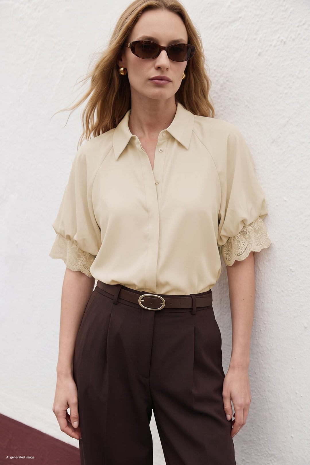 Sateen Chemisier à manches courtes avec détails en dentelle - Beige