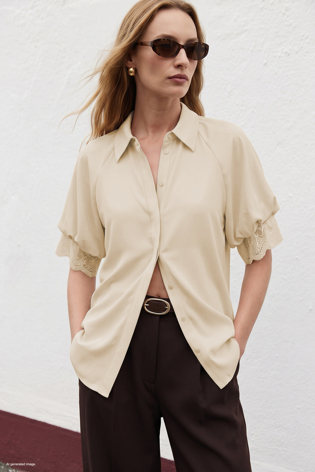 Sateen Chemisier à manches courtes avec détails en dentelle - Beige