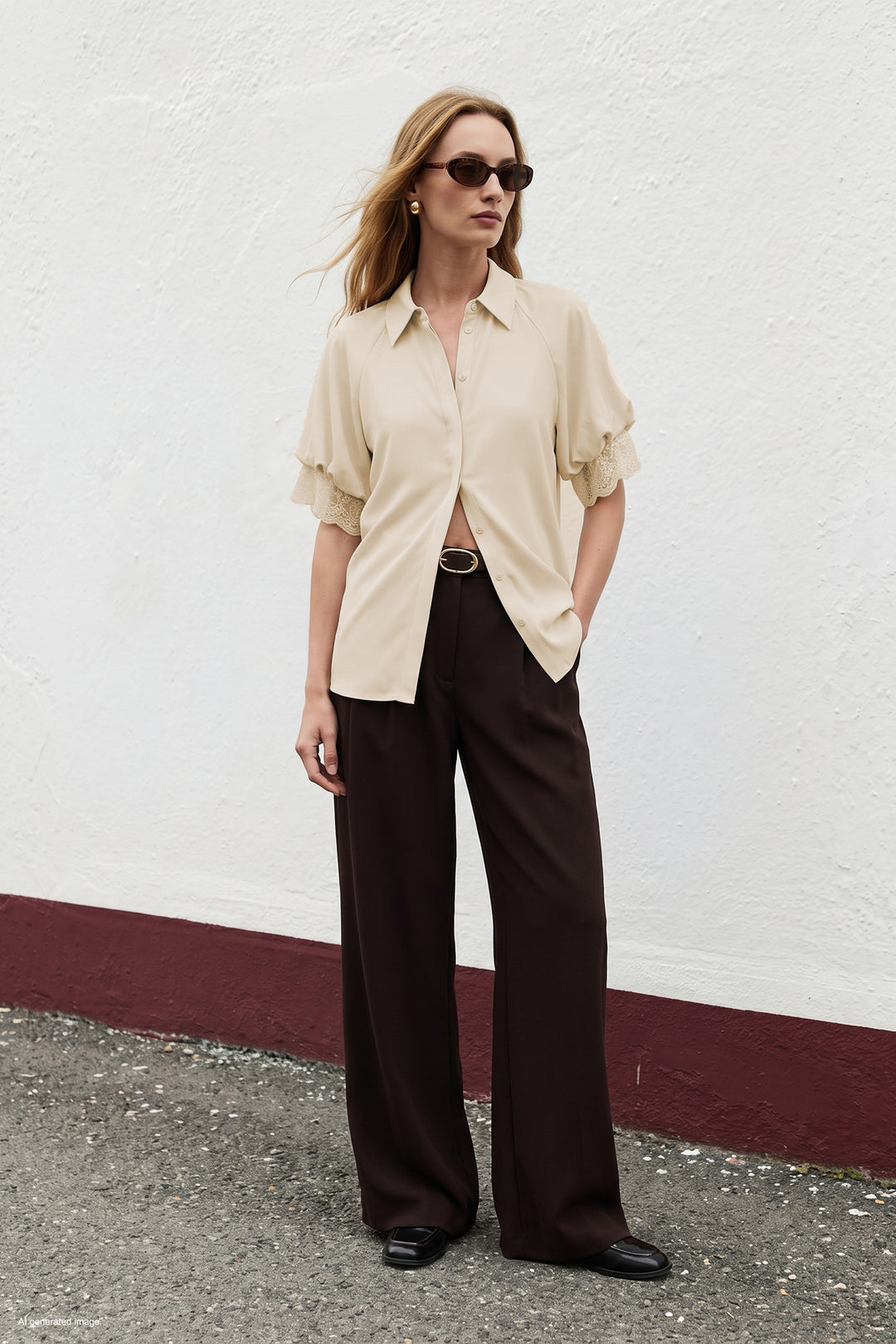 Sateen Chemisier à manches courtes avec détails en dentelle - Beige
