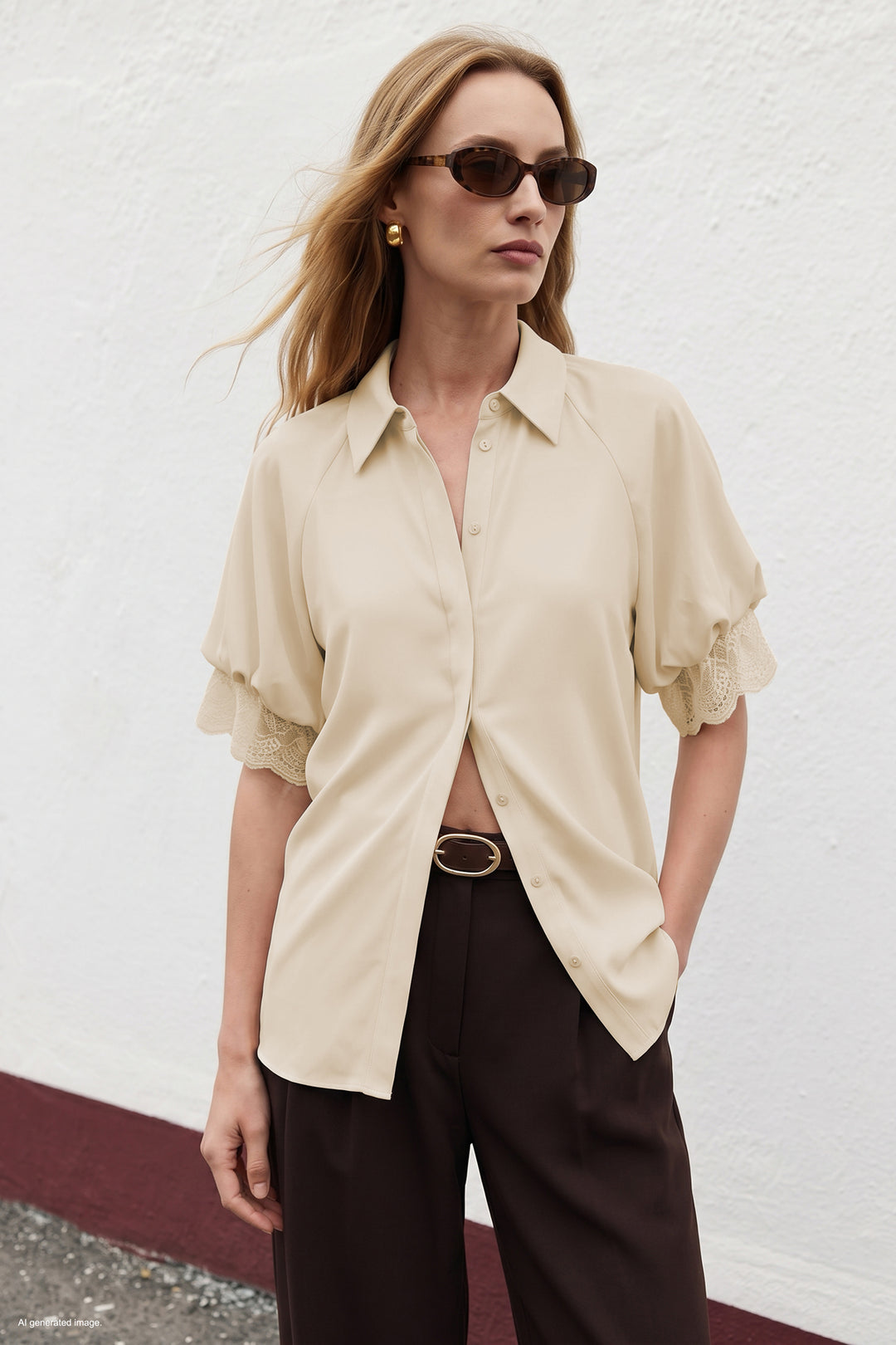 Sateen Chemisier à manches courtes avec détails en dentelle - Beige