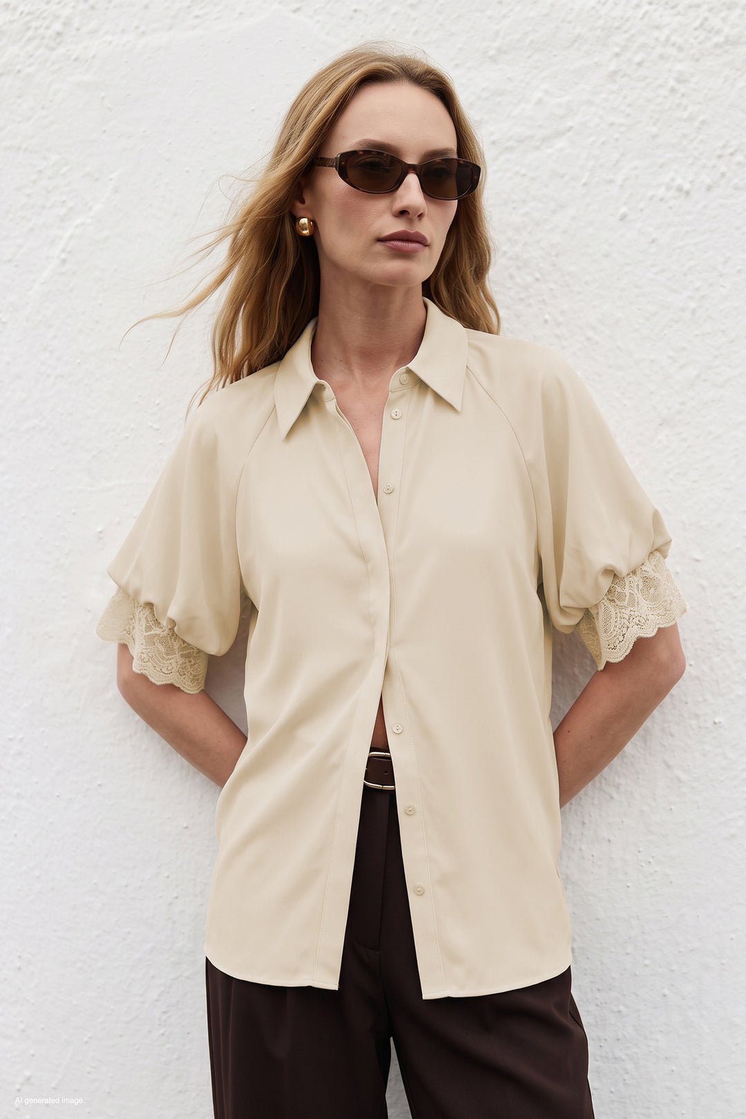 Sateen Chemisier à manches courtes avec détails en dentelle - Beige