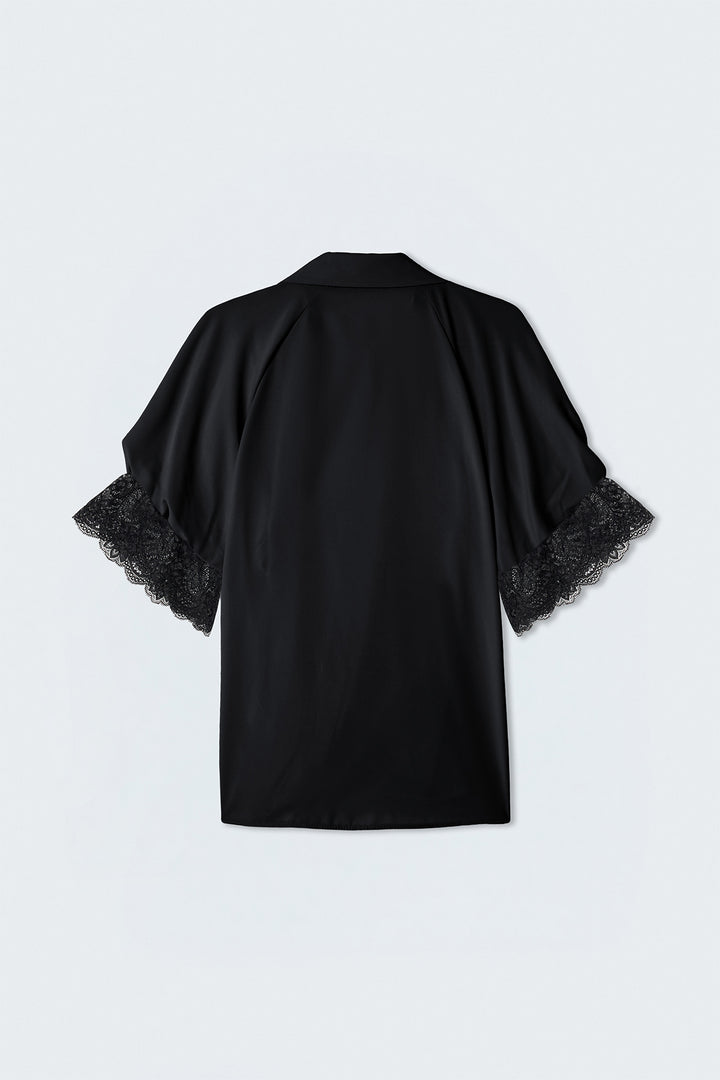 Sateen Chemisier à manches courtes avec détails en dentelle - Noir