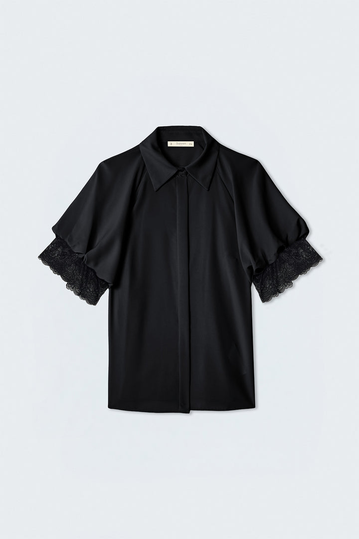 Sateen Chemisier à manches courtes avec détails en dentelle - Noir