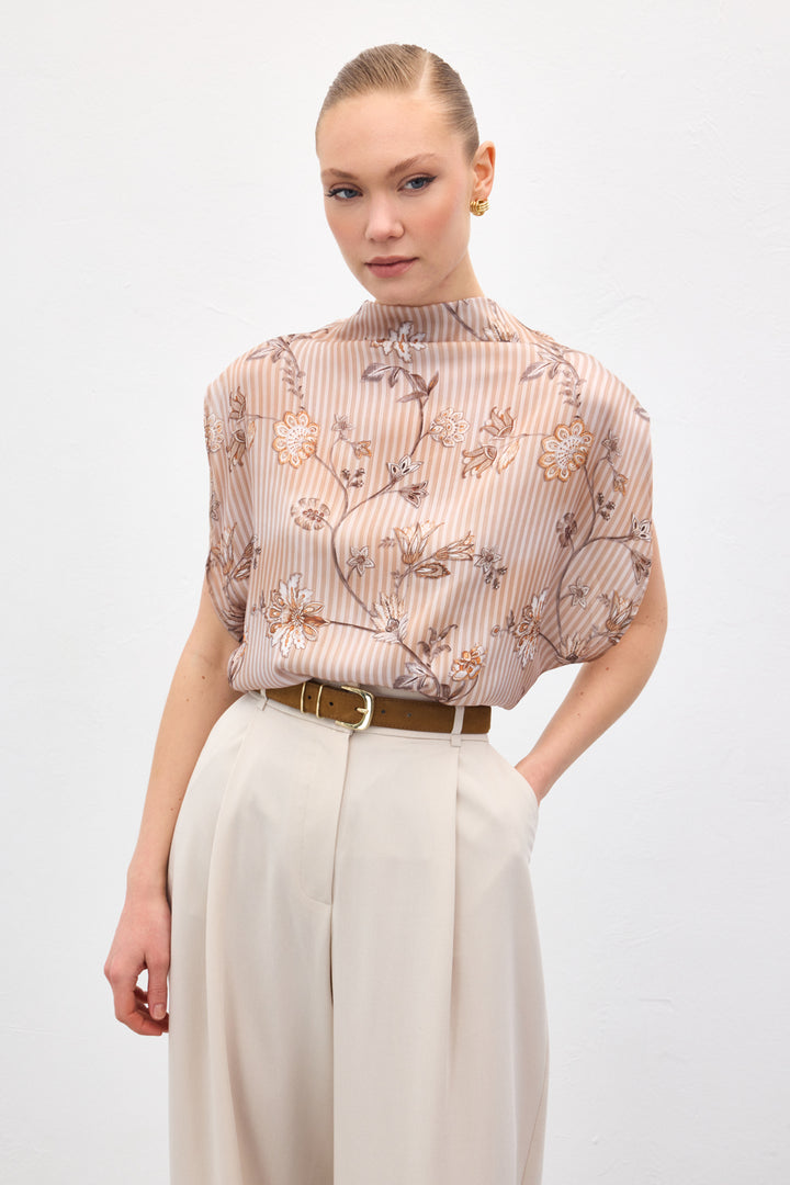 Sateen Blouse à motifs à manches courtes - Marron