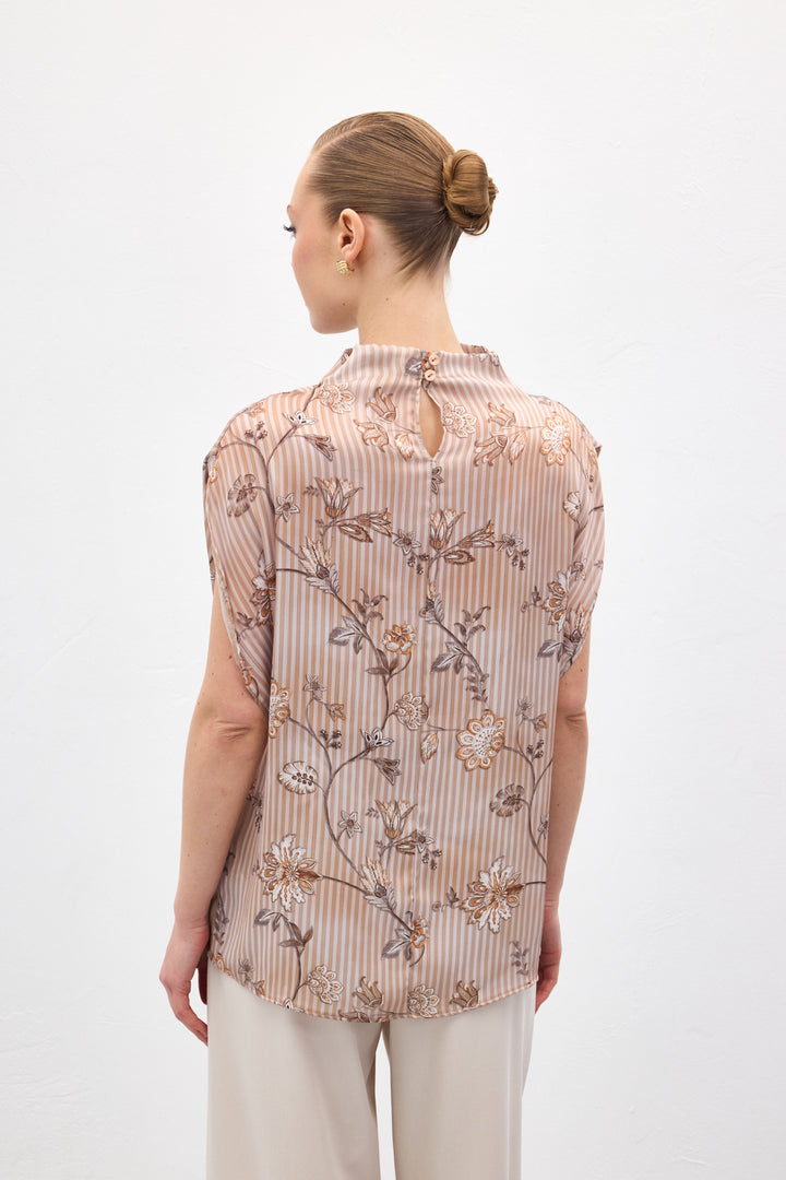 Sateen Blouse à motifs à manches courtes - Marron