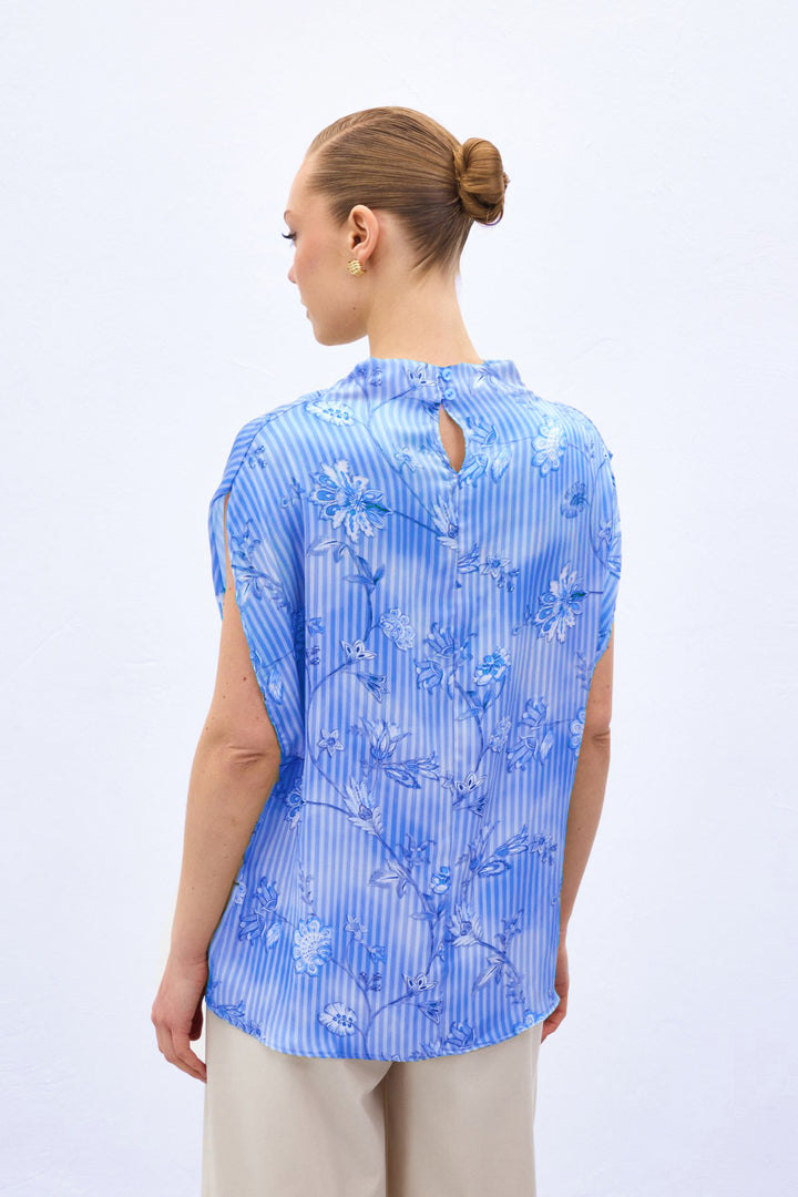 Sateen Blouse à motifs à manches courtes - Bleu
