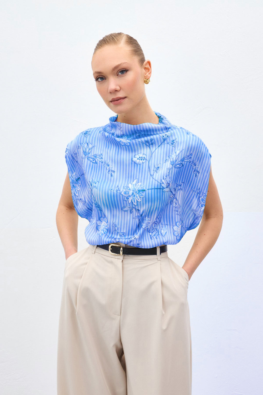 Sateen Blouse à motifs à manches courtes - Bleu