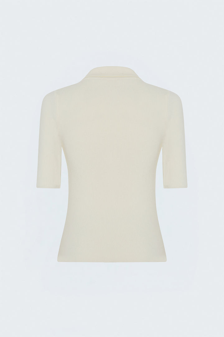 Sateen Tricot Zippé à Manches Courtes - Écru
