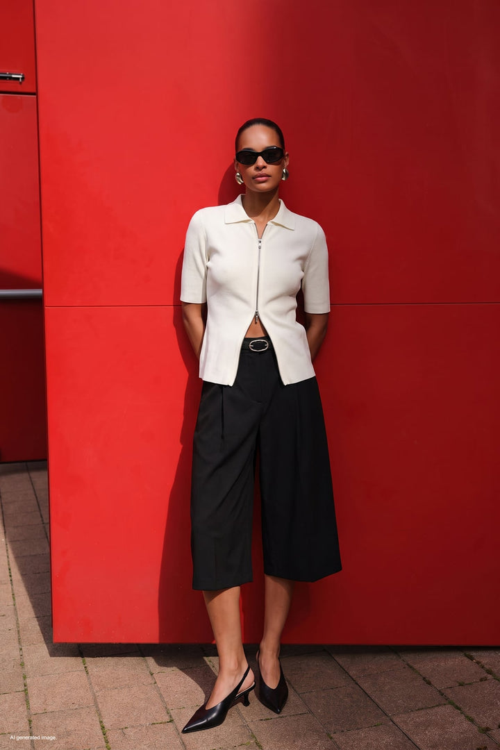 Sateen Tricot Zippé à Manches Courtes - Écru