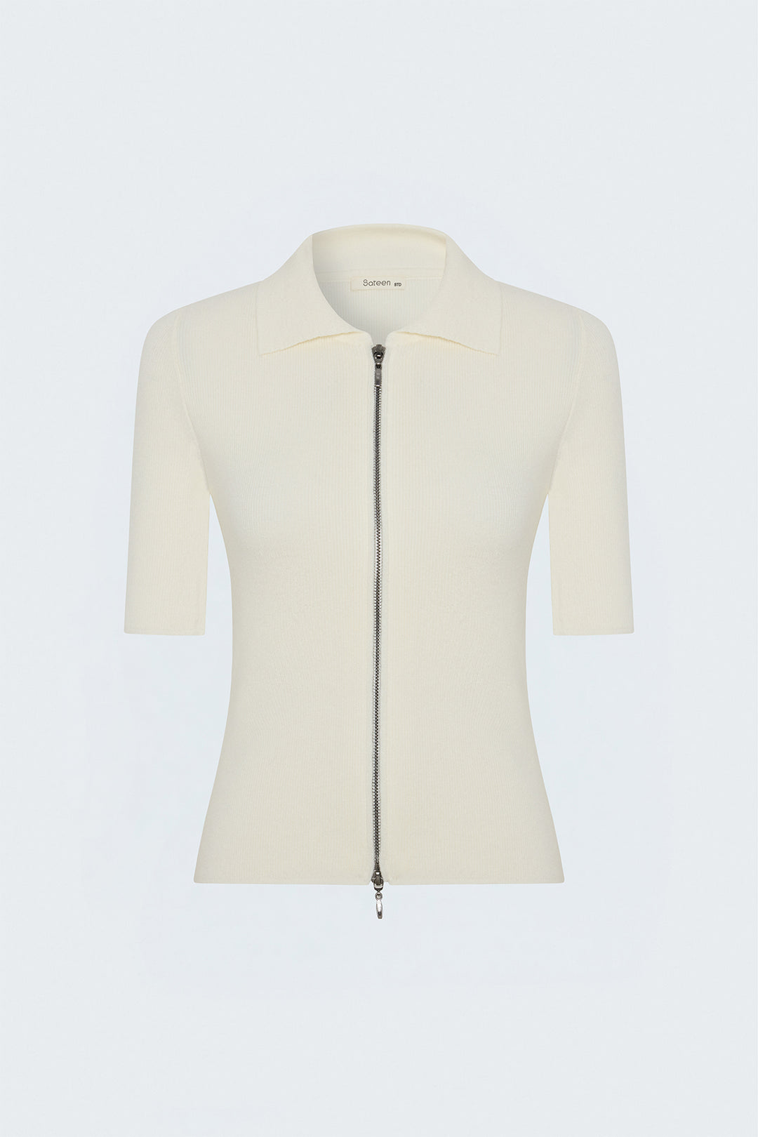 Sateen Tricot Zippé à Manches Courtes - Écru