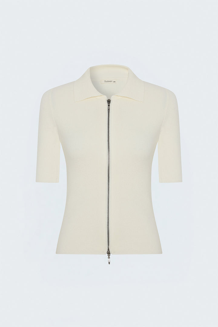 Sateen Tricot Zippé à Manches Courtes - Écru