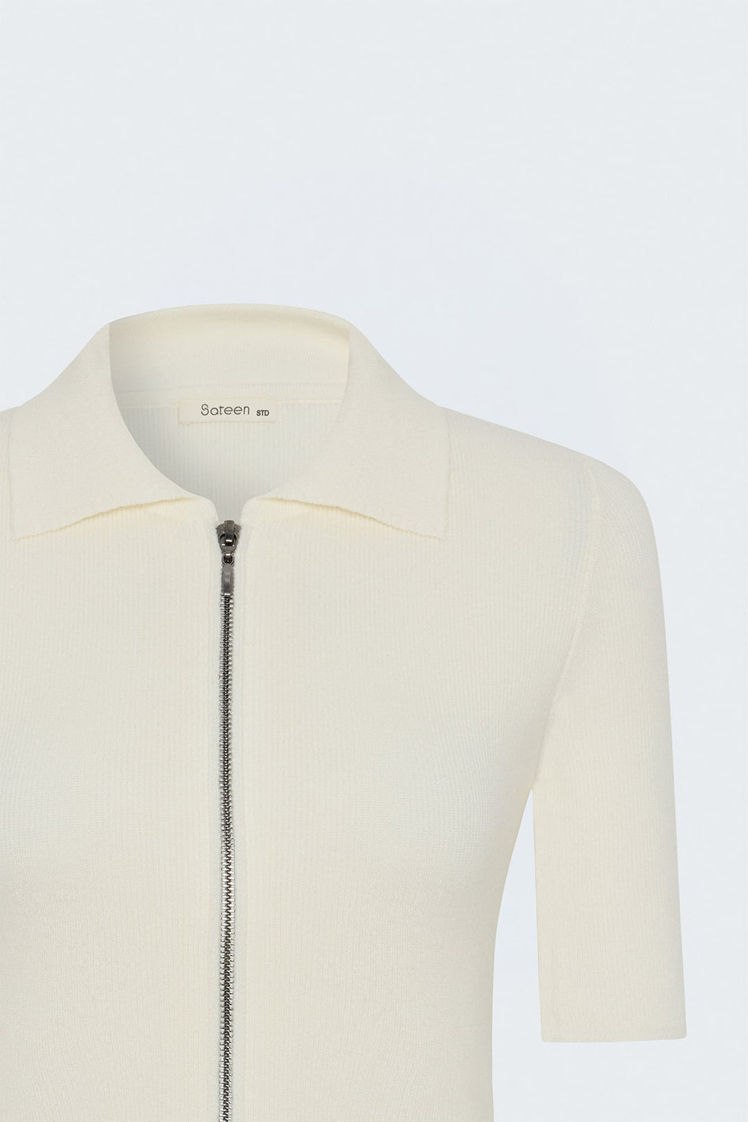 Sateen Tricot Zippé à Manches Courtes - Écru