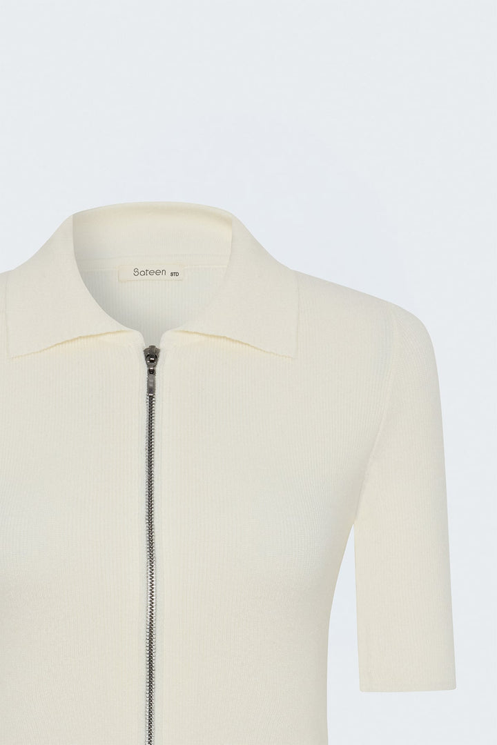 Sateen Tricot Zippé à Manches Courtes - Écru