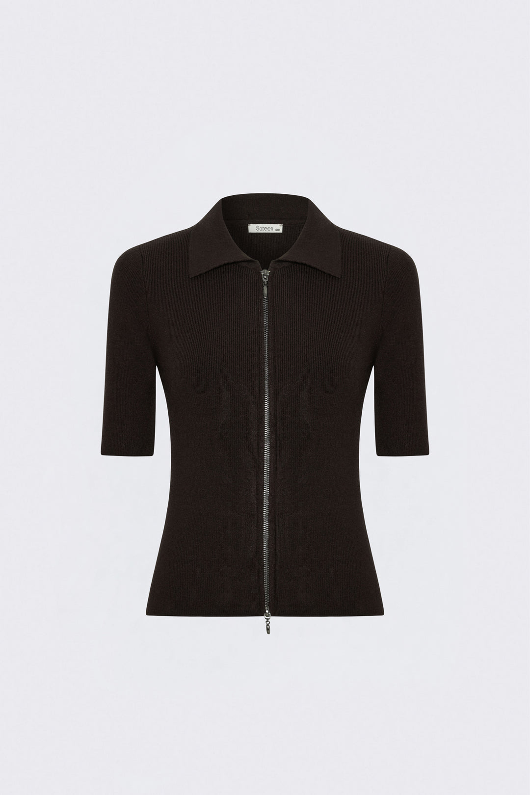 Sateen Tricot Zippé à Manches Courtes - Marron