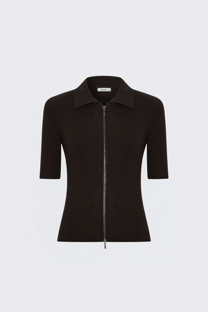 Sateen Tricot Zippé à Manches Courtes - Marron