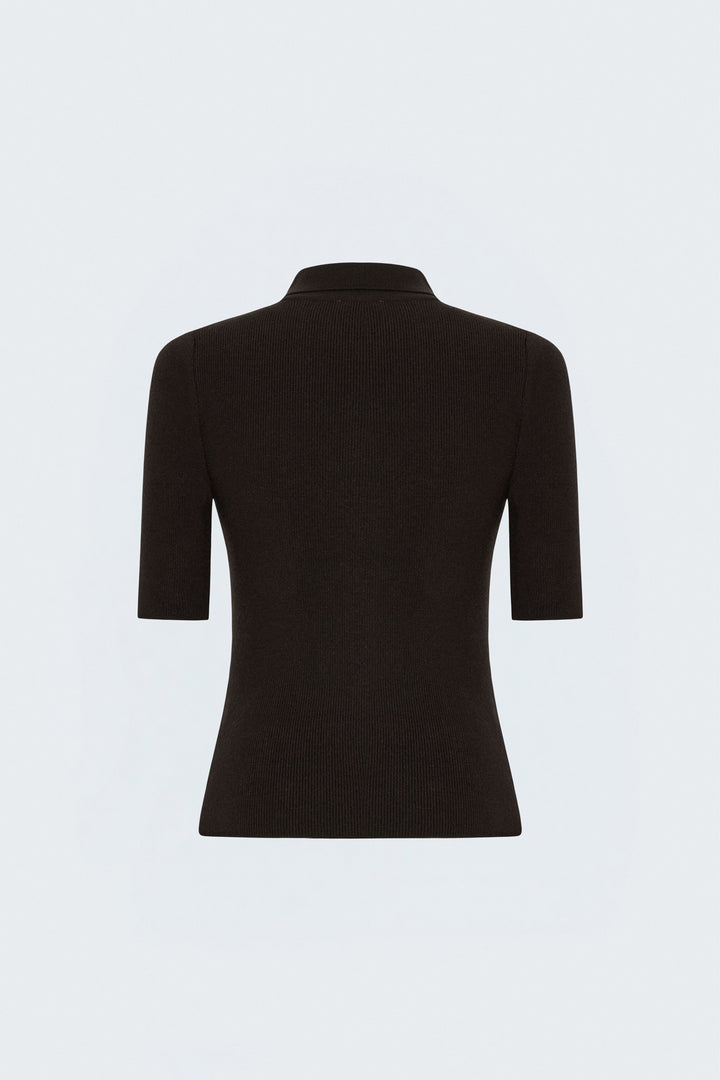 Sateen Tricot Zippé à Manches Courtes - Marron