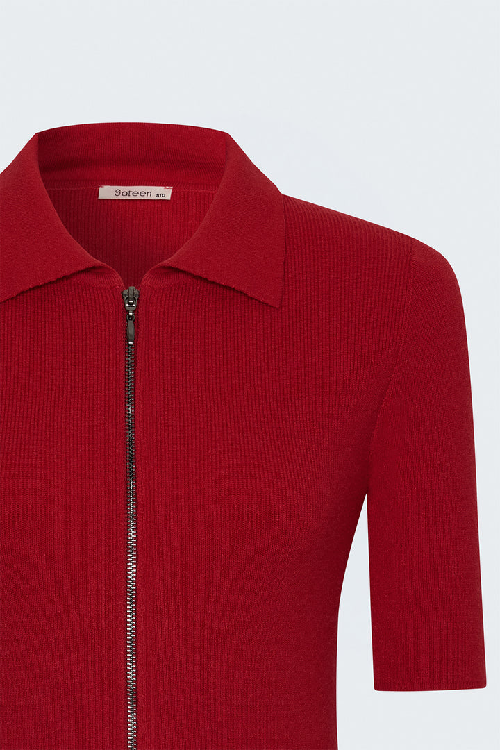 Sateen Tricot Zippé à Manches Courtes - Rouge
