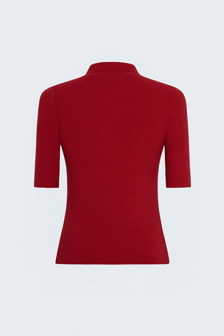 Sateen Tricot Zippé à Manches Courtes - Rouge