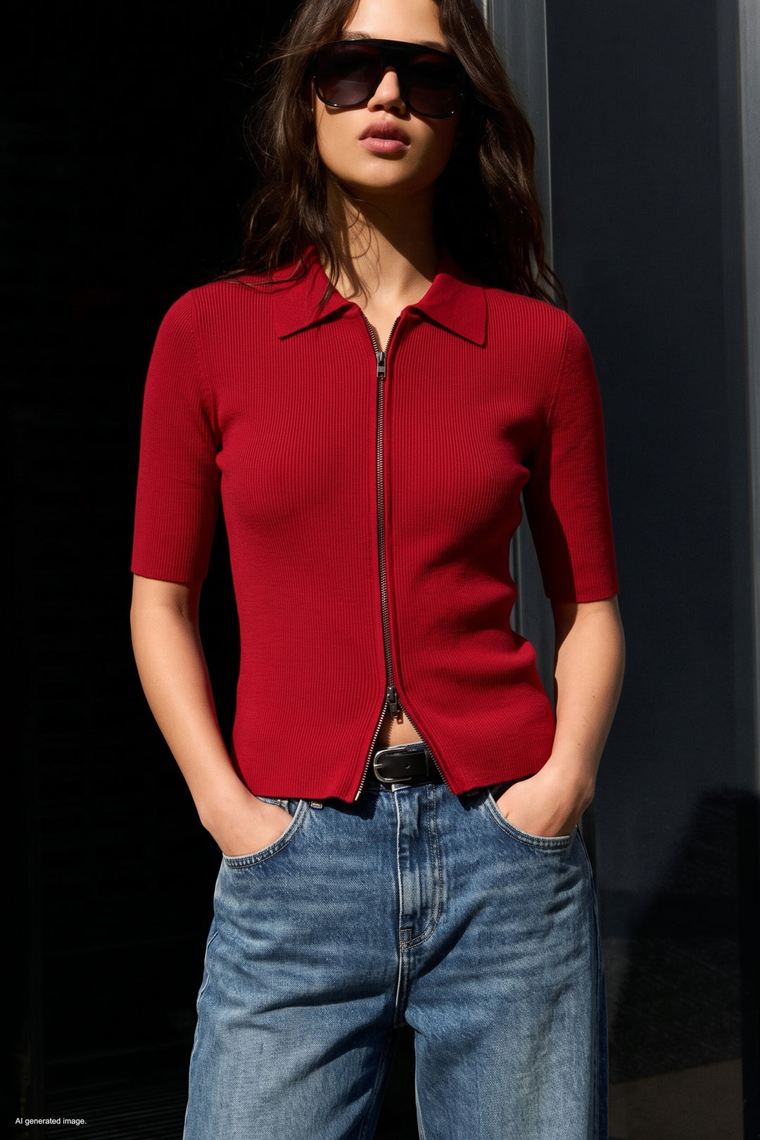 Sateen Tricot Zippé à Manches Courtes - Rouge