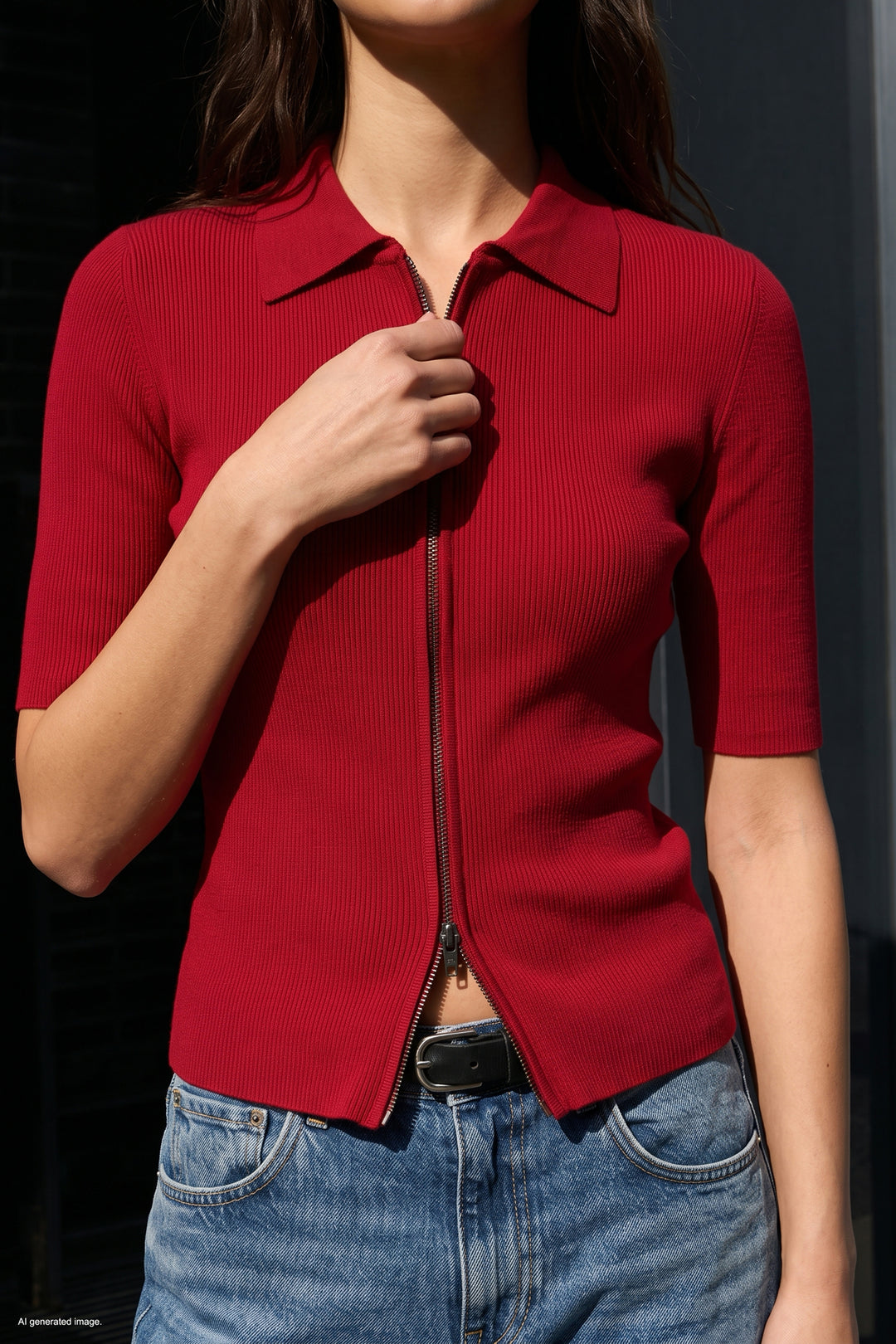 Sateen Tricot Zippé à Manches Courtes - Rouge