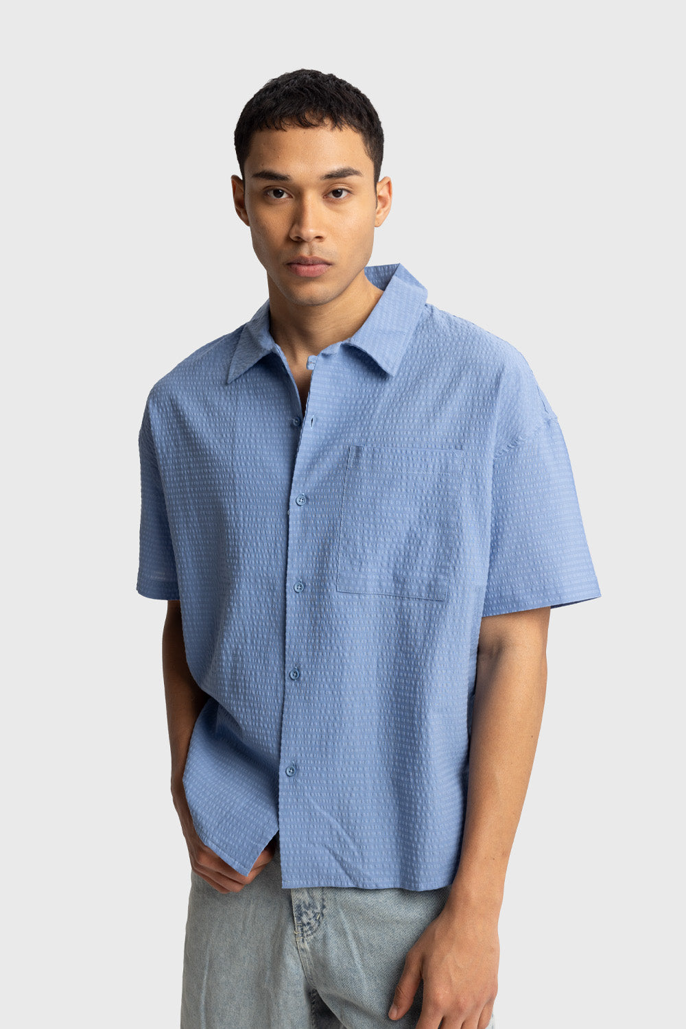 Giesto Chemise Gofre à Manches Courtes - Bleu