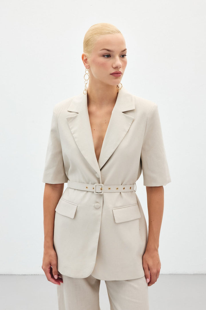 Sateen Veste ceinturée à manches courtes - Pierre